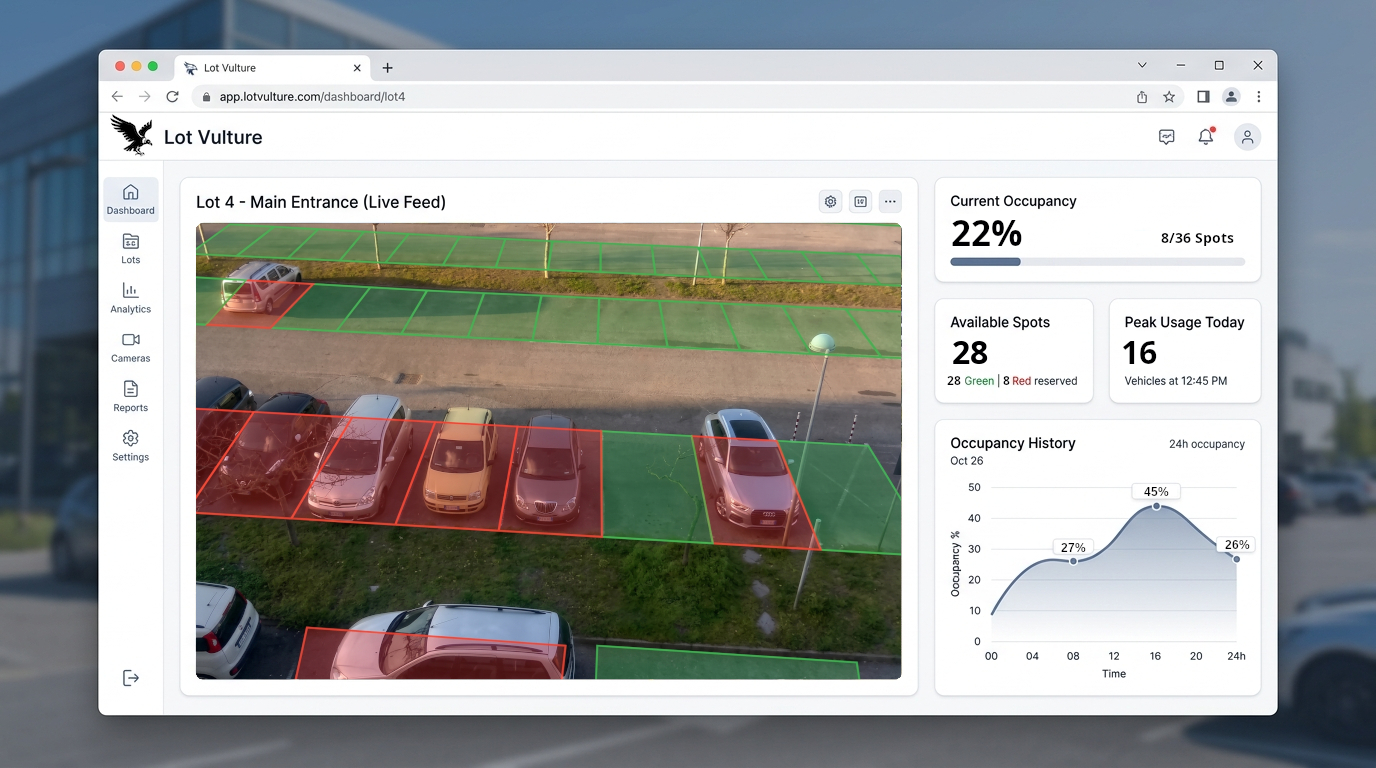Lot Vulture Live Dashboard Mockup with AI space overlays and historical occupancy charts